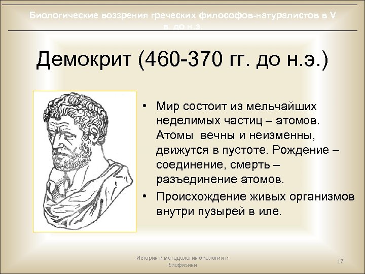 Биологические воззрения греческих философов-натуралистов в V в. до н. э. Демокрит (460 -370 гг.