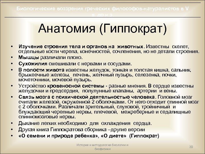 Биологические воззрения греческих философов-натуралистов в V в. до н. э. Анатомия (Гиппократ) • •