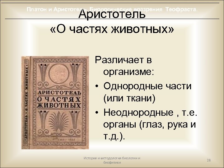 Платон и Аристотель. Биологические воззрения Теофраста. Аристотель «О частях животных» Различает в организме: •