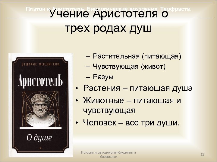 Платон и Аристотель. Биологические воззрения Теофраста. Учение Аристотеля о трех родах душ – Растительная
