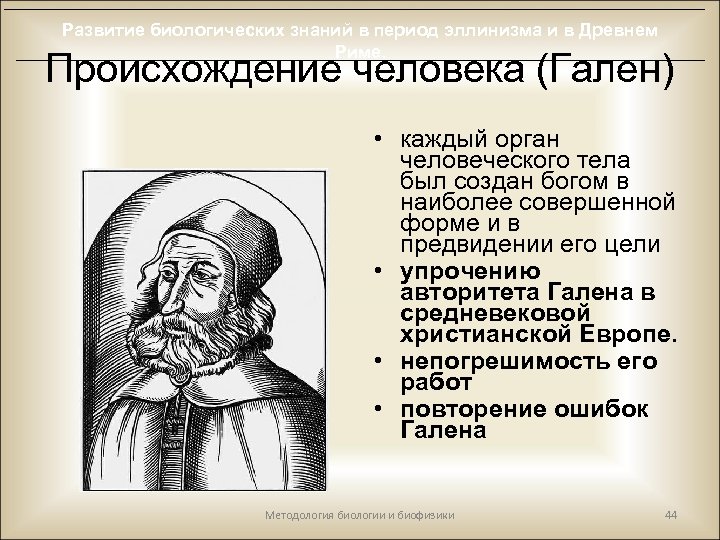 Развитие биологических знаний в период эллинизма и в Древнем Риме. Происхождение человека (Гален) •