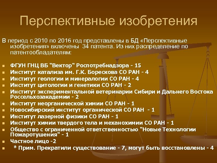 Перспективные изобретения В период с 2010 по 2016 год представлены в БД «Перспективные изобретения»