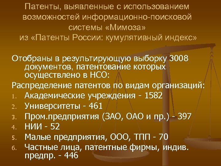 Патенты, выявленные с использованием возможностей информационно-поисковой системы «Мимоза» из «Патенты России: кумулятивный индекс» Отобраны
