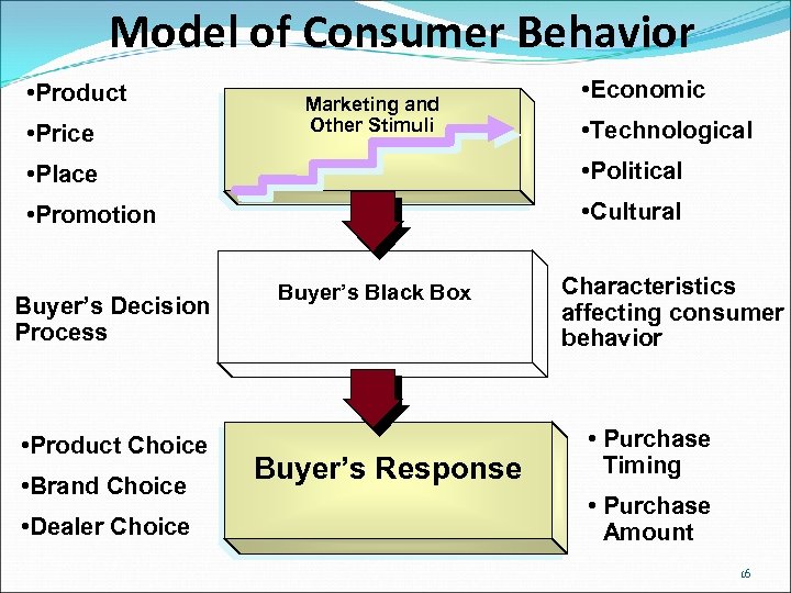 Model of Consumer Behavior • Product • Price Marketing and Other Stimuli • Economic