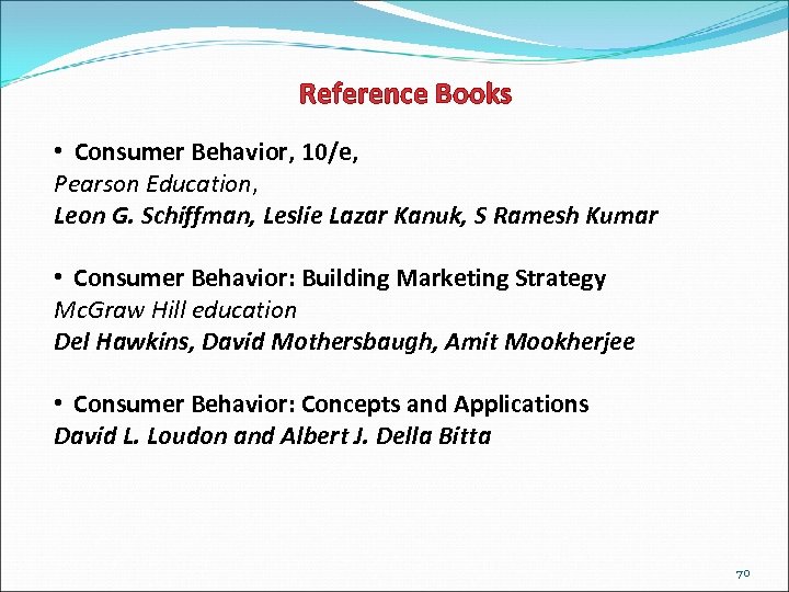 Reference Books • Consumer Behavior, 10/e, Pearson Education, Leon G. Schiffman, Leslie Lazar Kanuk,