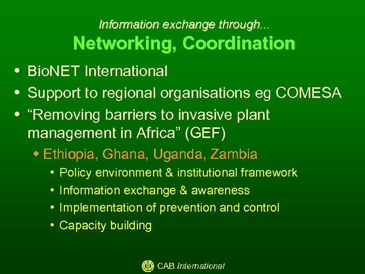 Information exchange through. . . Networking, Coordination Bio. NET International Support to regional organisations