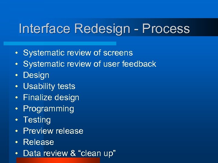 Interface Redesign - Process • • • Systematic review of screens Systematic review of