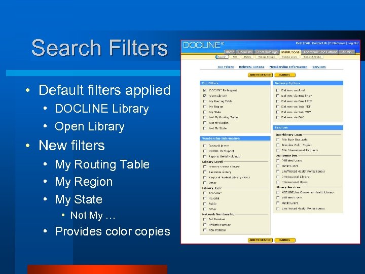Search Filters • Default filters applied • DOCLINE Library • Open Library • New