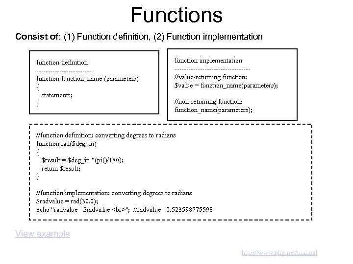 Functions Consist of: (1) Function definition, (2) Function implementation function definition ------------function_name (parameters) {