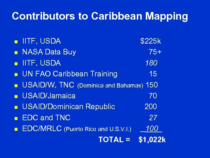 Contributors to Caribbean Mapping n n n n n IITF, USDA $225 k NASA