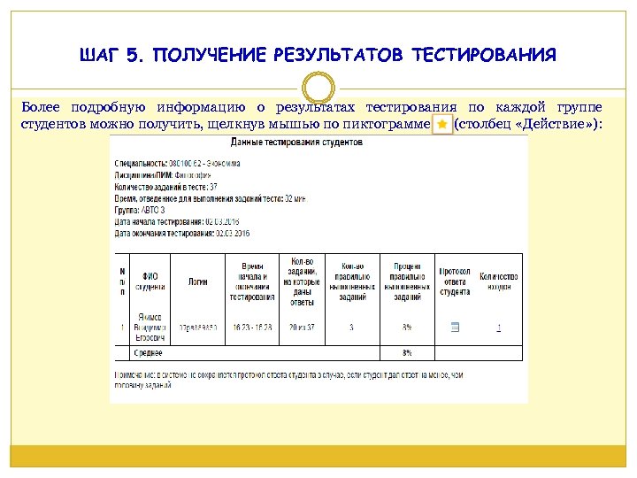 ШАГ 5. ПОЛУЧЕНИЕ РЕЗУЛЬТАТОВ ТЕСТИРОВАНИЯ Более подробную информацию о результатах тестирования по каждой группе