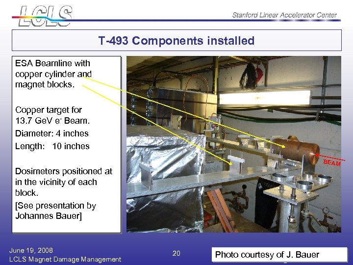 T-493 Components installed ESA Beamline with copper cylinder and magnet blocks. Copper target for
