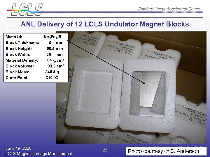 ANL Delivery of 12 LCLS Undulator Magnet Blocks Material: Block Thickness: Block Height: Block