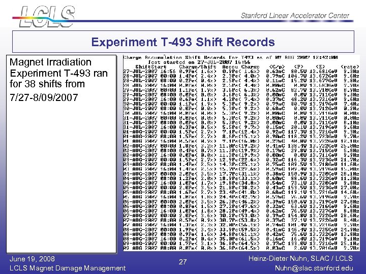 Experiment T-493 Shift Records Magnet Irradiation Experiment T-493 ran for 38 shifts from 7/27
