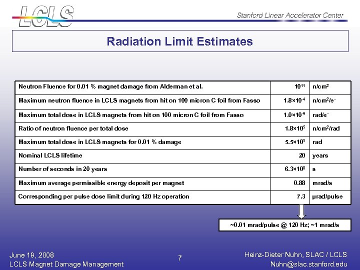 Radiation Limit Estimates Neutron Fluence for 0. 01 % magnet damage from Alderman et