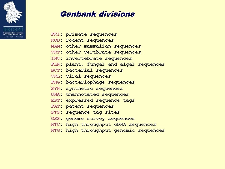 Genbank divisions PRI: ROD: MAM: VRT: INV: PLN: BCT: VRL: PHG: SYN: UNA: EST: