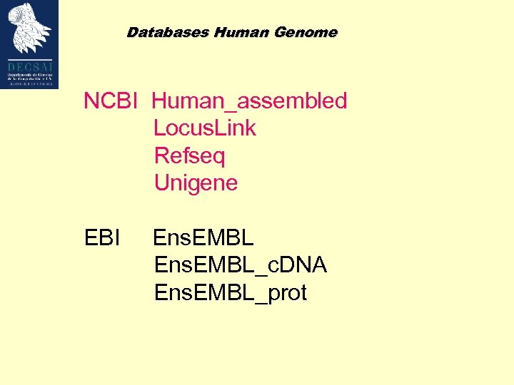 Databases Human Genome NCBI Human_assembled Locus. Link Refseq Unigene EBI Ens. EMBL_c. DNA Ens.