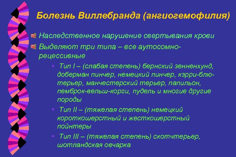 Болезнь Виллебранда (ангиогемофилия) Наследственное нарушение свертывания крови Выделяют три типа – все аутосомнорецессивные •