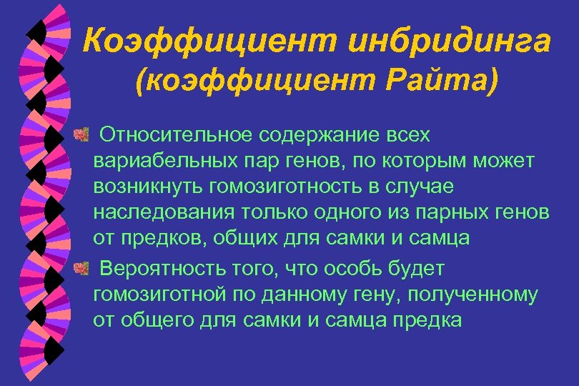 Коэффициент инбридинга (коэффициент Райта) Относительное содержание всех вариабельных пар генов, по которым может возникнуть