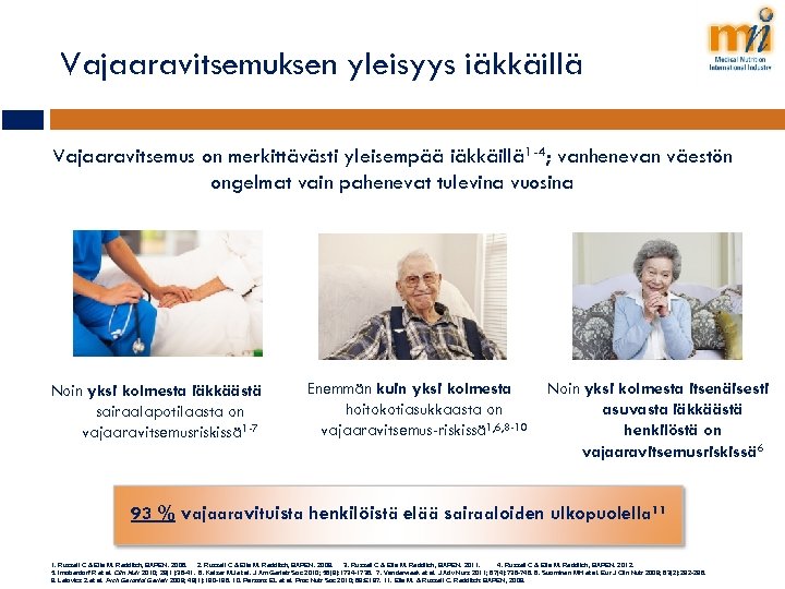 Vajaaravitsemuksen yleisyys iäkkäillä Vajaaravitsemus on merkittävästi yleisempää iäkkäillä 1 -4; vanhenevan väestön ongelmat vain