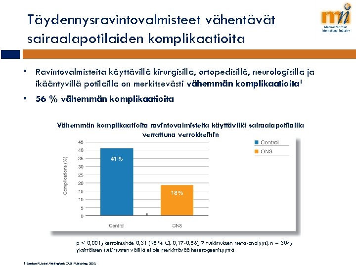 Täydennysravintovalmisteet vähentävät sairaalapotilaiden komplikaatioita • Ravintovalmisteita käyttävillä kirurgisilla, ortopedisillä, neurologisilla ja ikääntyvillä potilailla on