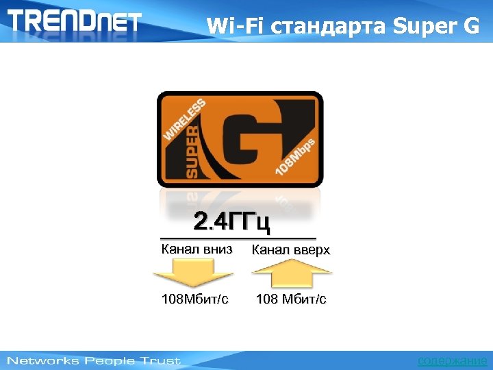 Wi-Fi стандарта Super G 2. 4 ГГц Канал вниз Канал вверх 108 Мбит/с 108