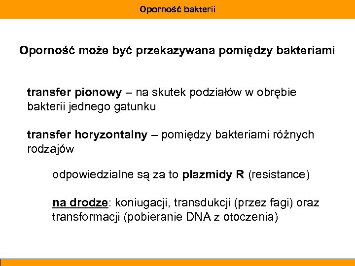 Oporność bakterii Oporność może być przekazywana pomiędzy bakteriami transfer pionowy – na skutek podziałów