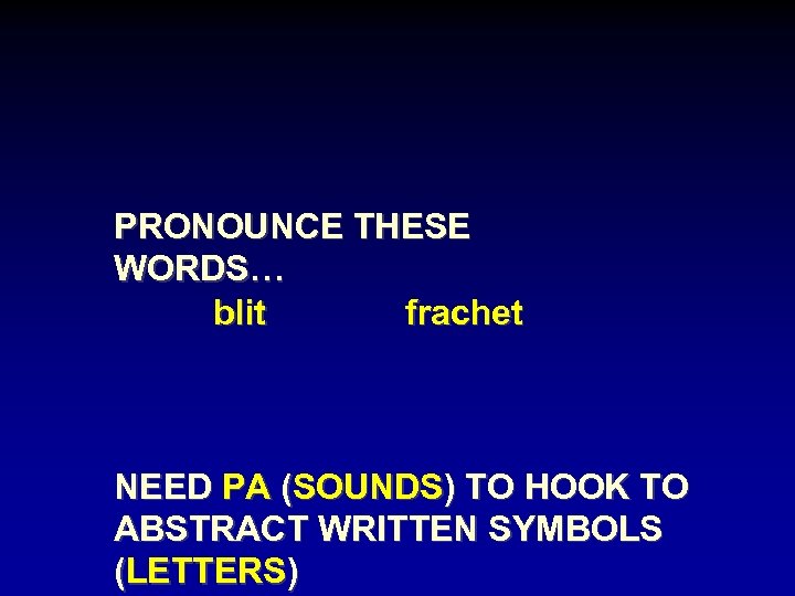 PRONOUNCE THESE WORDS… blit frachet NEED PA (SOUNDS) TO HOOK TO ABSTRACT WRITTEN SYMBOLS