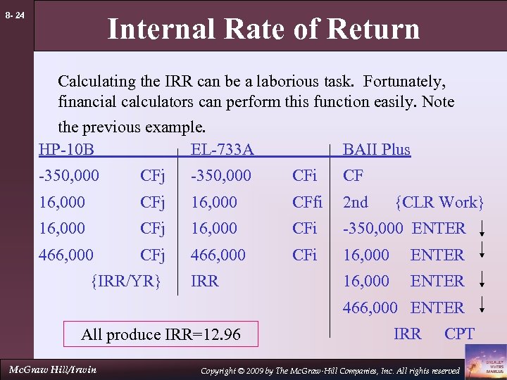 8 - 24 Internal Rate of Return Calculating the IRR can be a laborious