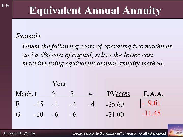 8 - 35 Equivalent Annual Annuity Example Given the following costs of operating two