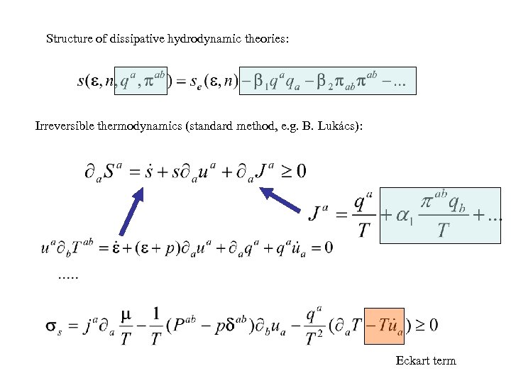 Structure of dissipative hydrodynamic theories: Irreversible thermodynamics (standard method, e. g. B. Lukács): Eckart
