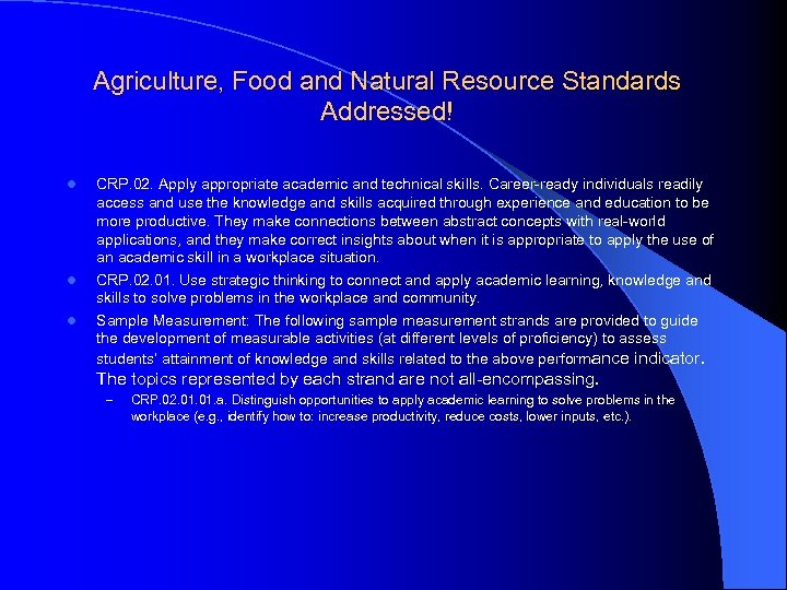 Agriculture, Food and Natural Resource Standards Addressed! l l l CRP. 02. Apply appropriate