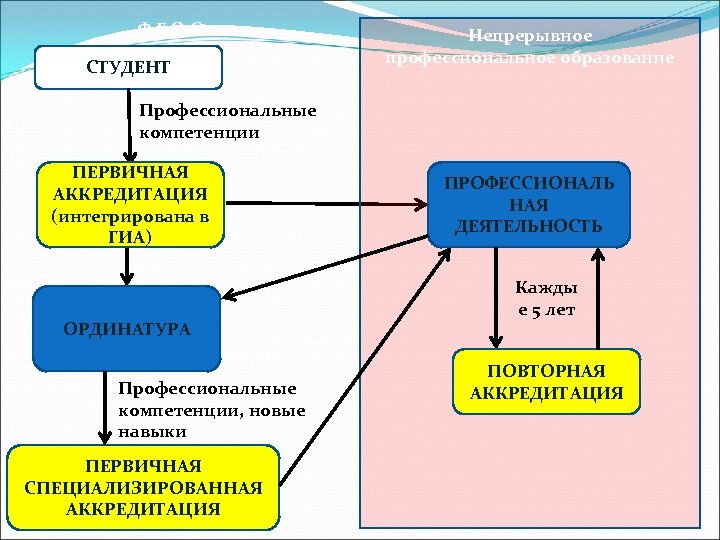 ФГОС СТУДЕНТ Непрерывное профессиональное образование Профессиональные компетенции ПЕРВИЧНАЯ АККРЕДИТАЦИЯ (интегрирована в ГИА) ОРДИНАТУРА Профессиональные