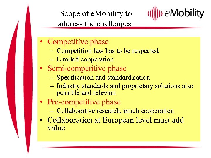 Scope of e. Mobility to address the challenges • Competitive phase – Competition law