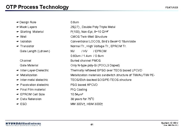 OTP Process Technology FEATURES F Design Rule 0. 6 um F Mask Layers 25(27)