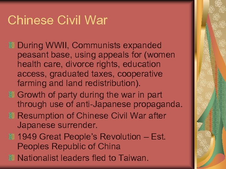 Chinese Civil War During WWII, Communists expanded peasant base, using appeals for (women health