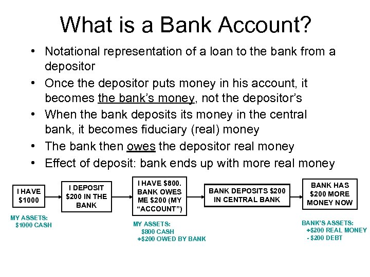 What is a Bank Account? • Notational representation of a loan to the bank