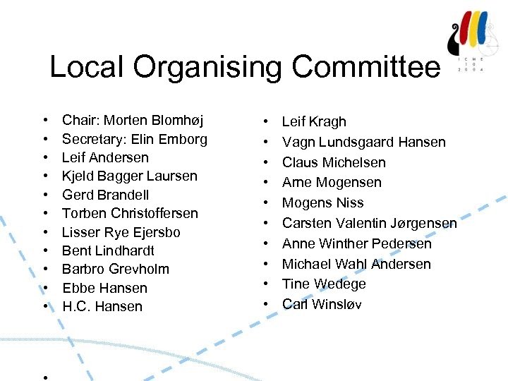 Local Organising Committee • • • Chair: Morten Blomhøj Secretary: Elin Emborg Leif Andersen