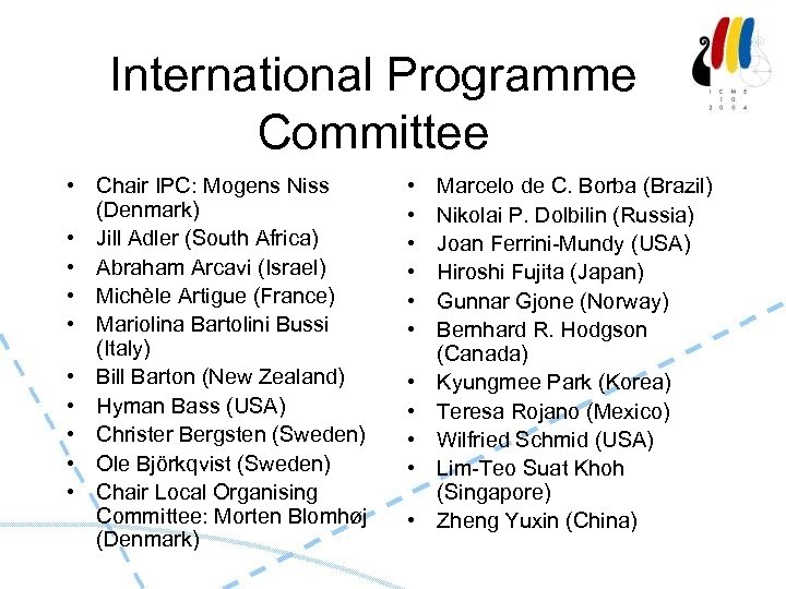 International Programme Committee • Chair IPC: Mogens Niss (Denmark) • Jill Adler (South Africa)