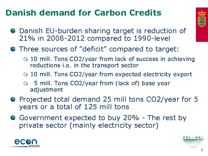 Danish demand for Carbon Credits Danish EU-burden sharing target is reduction of 21% in