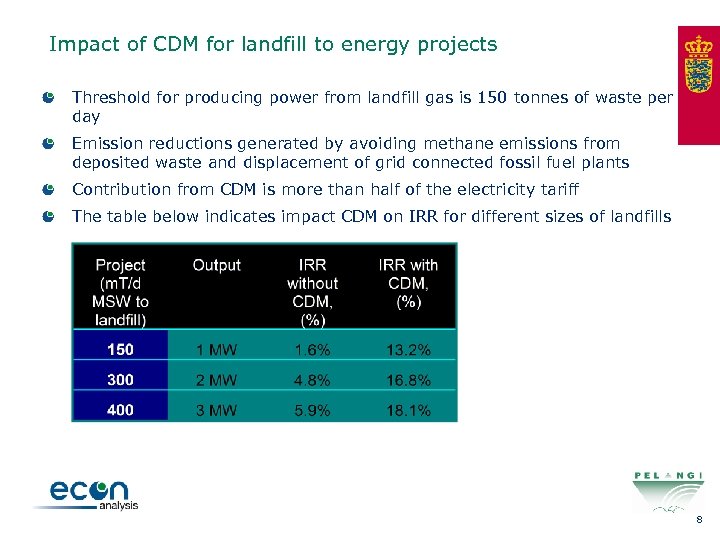 Impact of CDM for landfill to energy projects Threshold for producing power from landfill