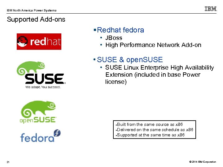 IBM North America Power Systems Supported Add-ons Redhat fedora • JBoss • High Performance