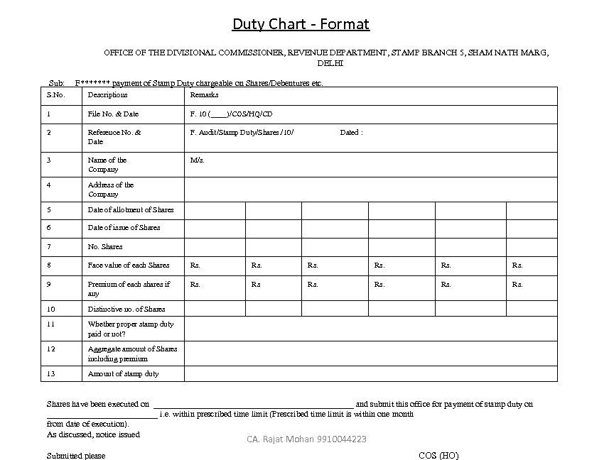 Duty Chart - Format OFFICE OF THE DIVISIONAL COMMISSIONER, REVENUE DEPARTMENT, STAMP BRANCH 5,
