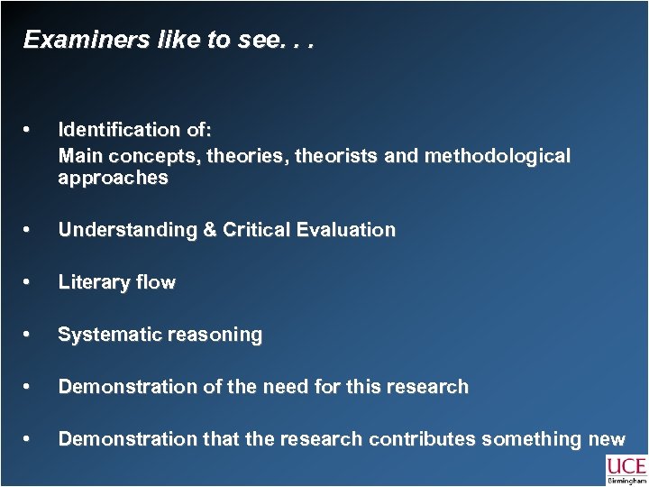 Examiners like to see. . . • Identification of: Main concepts, theories, theorists and