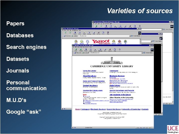Varieties of sources Papers Databases Search engines Datasets Journals Personal communication M. U. D’s