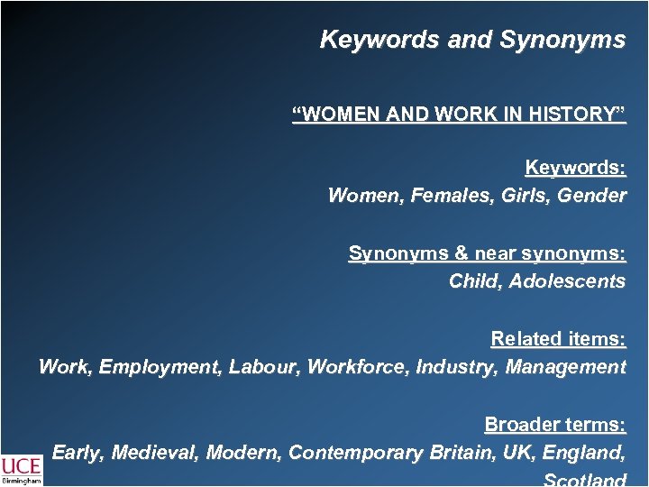 Keywords and Synonyms “WOMEN AND WORK IN HISTORY” Keywords: Women, Females, Girls, Gender Synonyms