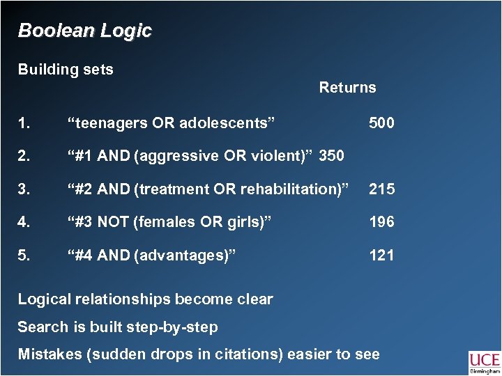 Boolean Logic Building sets Returns 1. “teenagers OR adolescents” 500 2. “#1 AND (aggressive