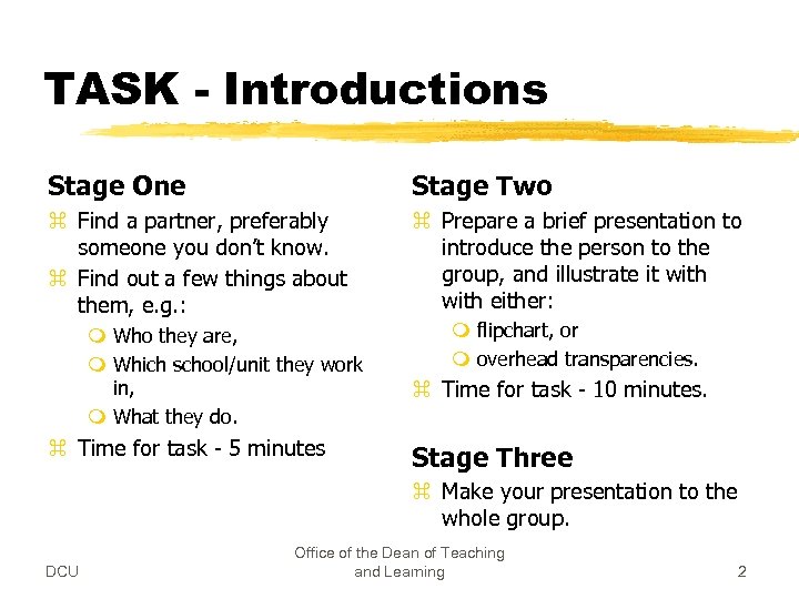 TASK - Introductions Stage One Stage Two z Find a partner, preferably someone you