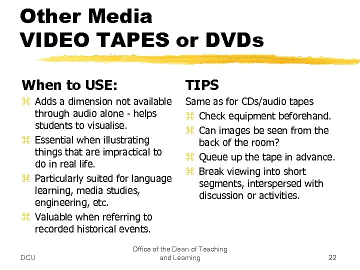 Other Media VIDEO TAPES or DVDs When to USE: TIPS z Adds a dimension