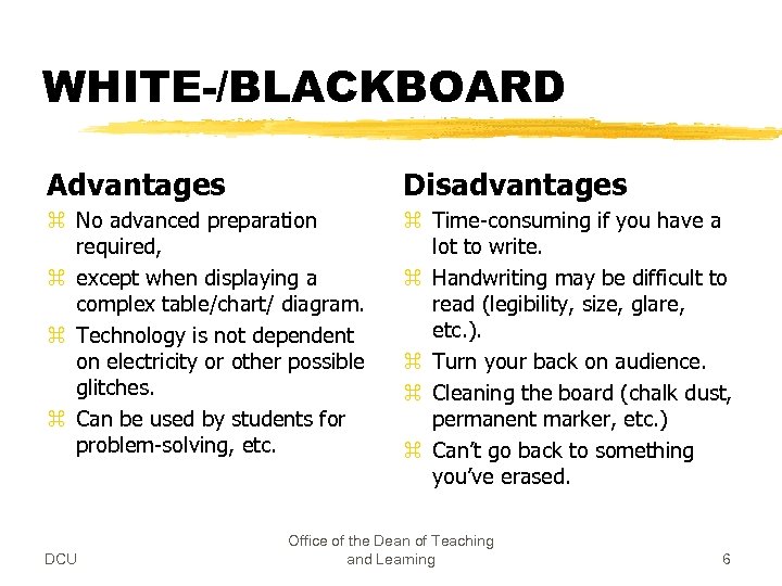 WHITE-/BLACKBOARD Advantages Disadvantages z No advanced preparation required, z except when displaying a complex